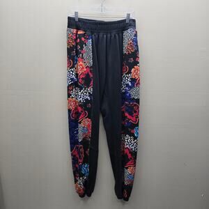 Body & Sol Boho Baggy Jogger Pants Womens Medium Bohemian Floral Animal Black